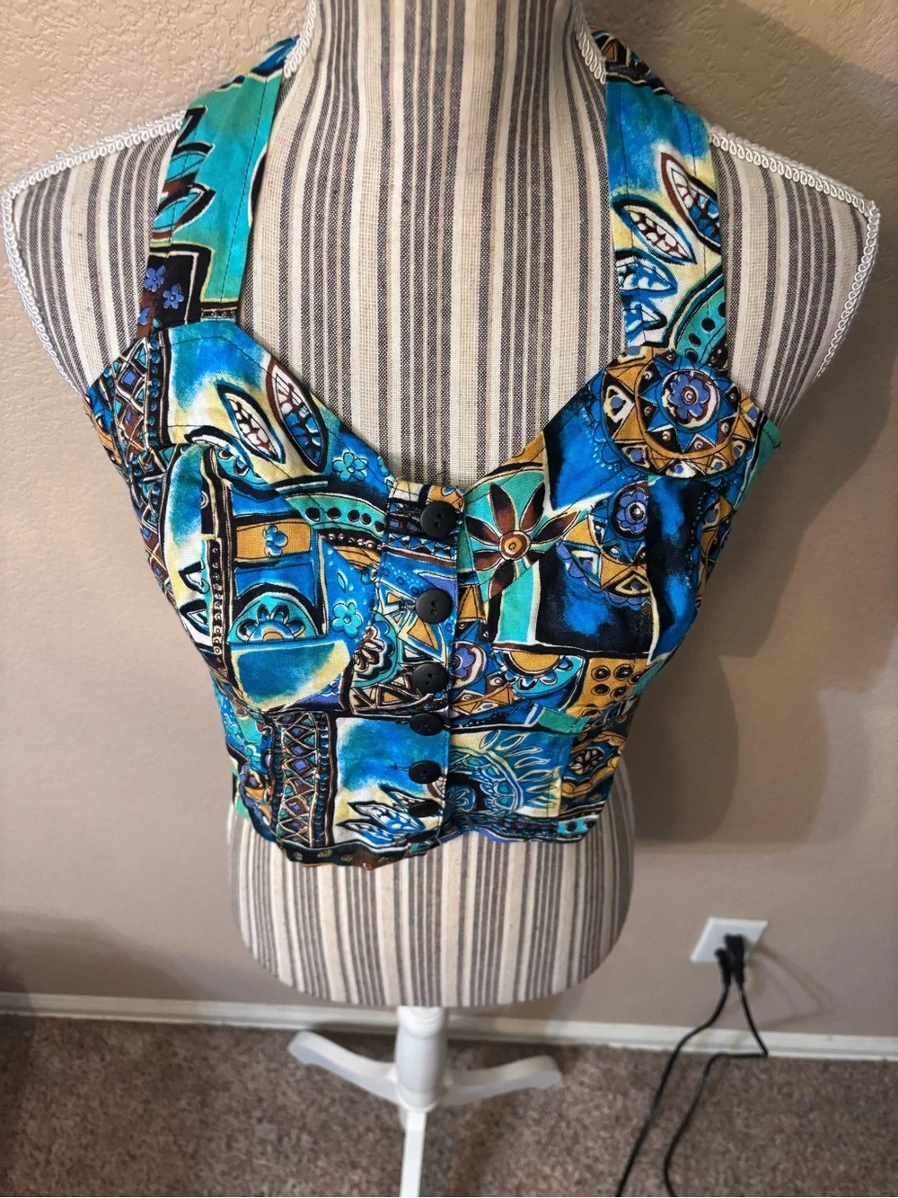 Y2K Halter Crop Top Small WONDER Blue Yellow Patchwork with Button Front - Picture 2 of 14
